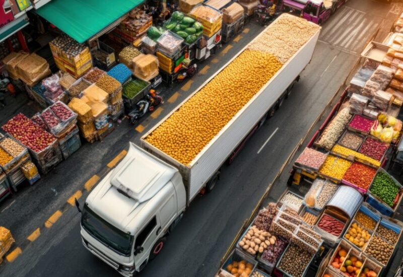 Visual representation of food industry logistics including transportation and supply chain management